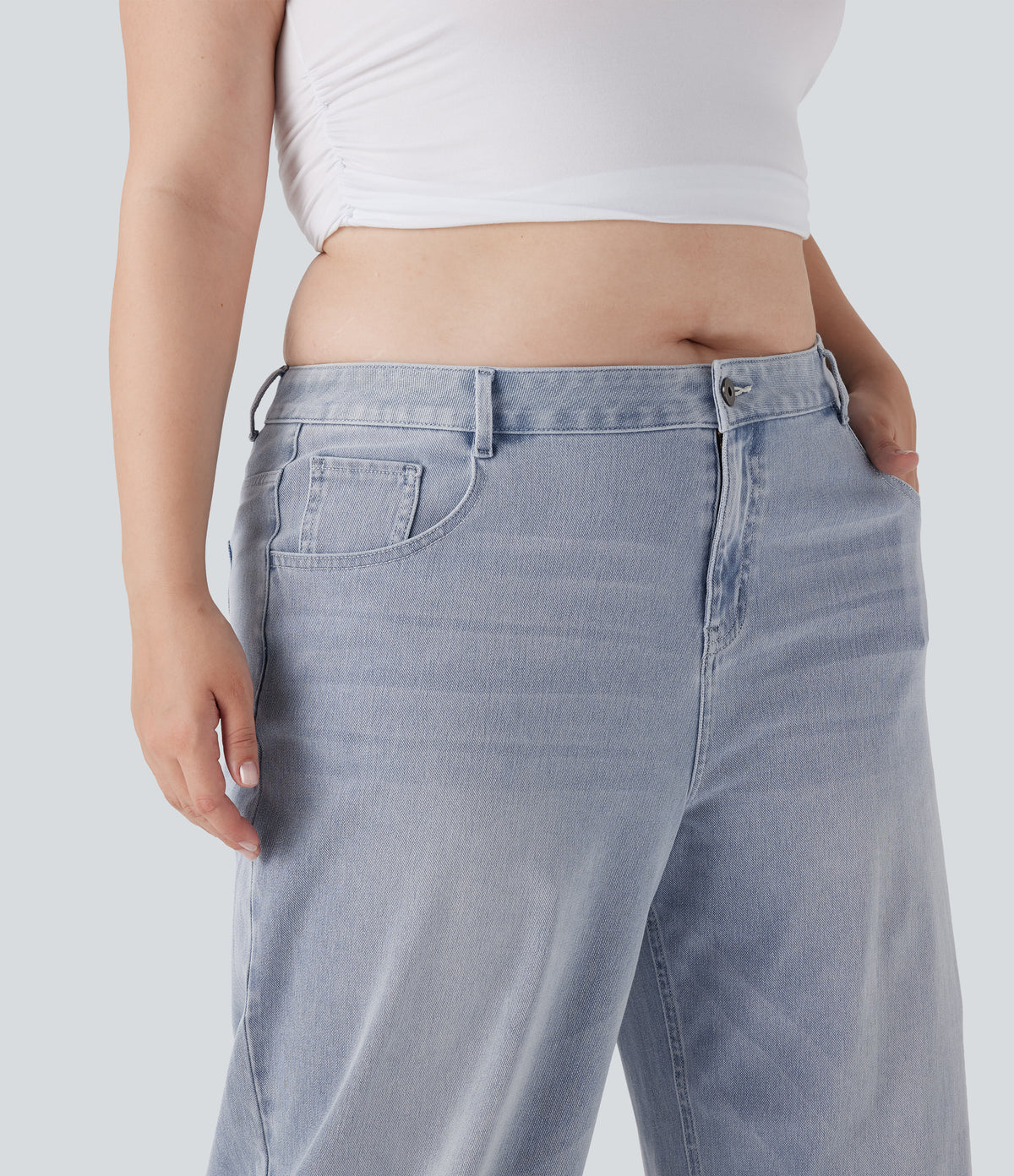 Plus Size Low Rise Wide Leg Washed Casual Jeans with Pockets — Light Azure Denim — view 5