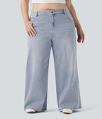 Plus Size Low Rise Wide Leg Washed Casual Jeans with Pockets — Light Azure Denim — view 1