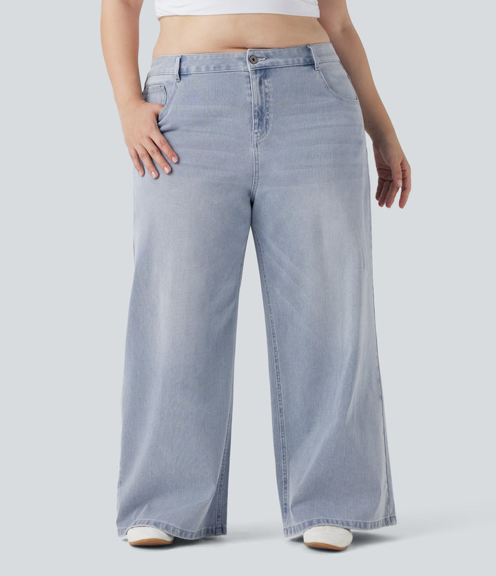 Plus Size Low Rise Wide Leg Washed Casual Jeans with Pockets — Light Azure Denim — view 1