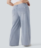 Plus Size Low Rise Wide Leg Washed Casual Jeans with Pockets — Light Azure Denim — view 2