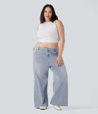 Plus Size Low Rise Wide Leg Washed Casual Jeans with Pockets — Light Azure Denim — view 6