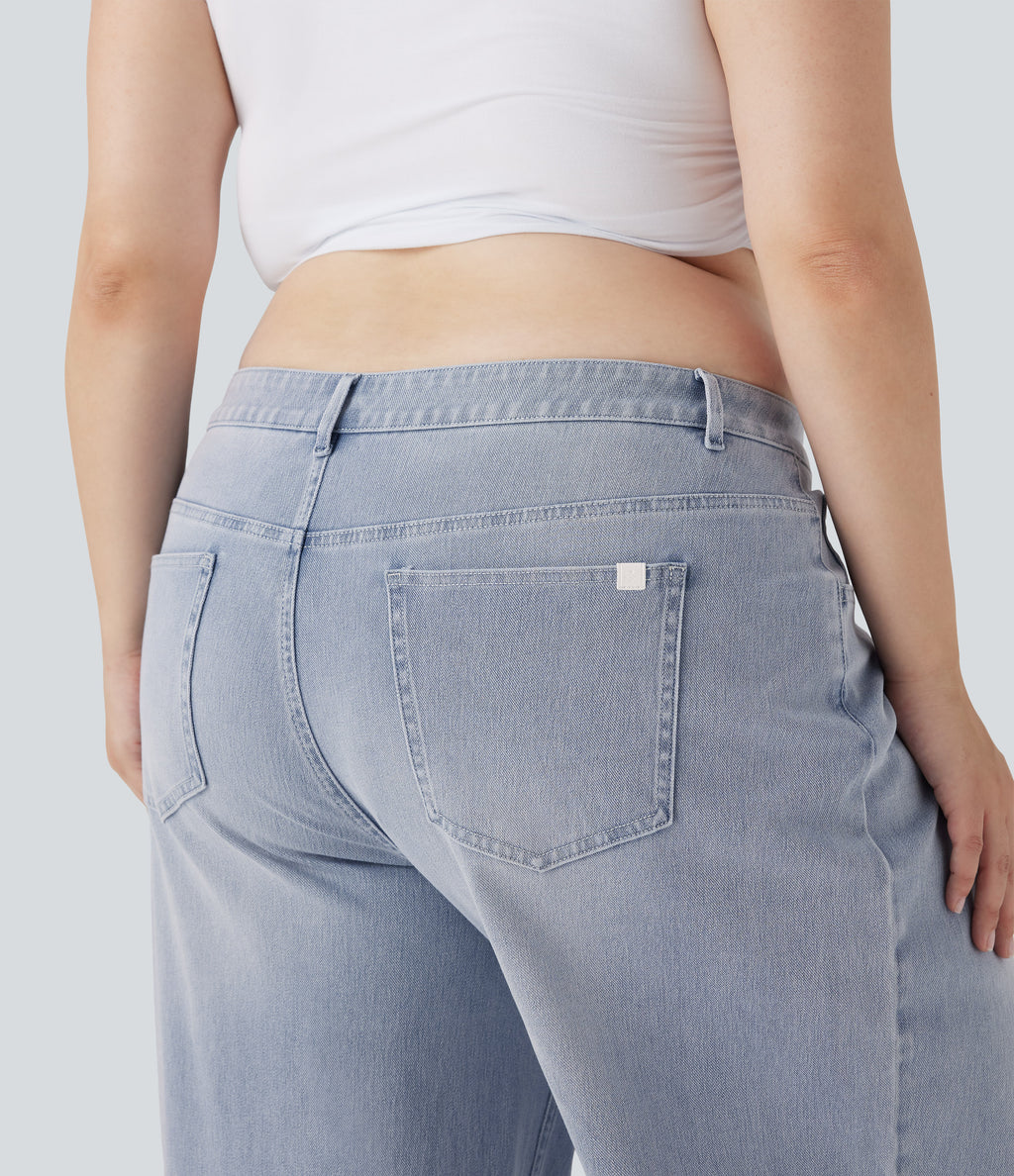 Plus Size Low Rise Wide Leg Washed Casual Jeans with Pockets — Light Azure Denim — view 4