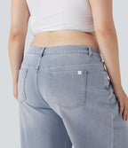 Plus Size Low Rise Wide Leg Washed Casual Jeans with Pockets — Light Azure Denim — view 4
