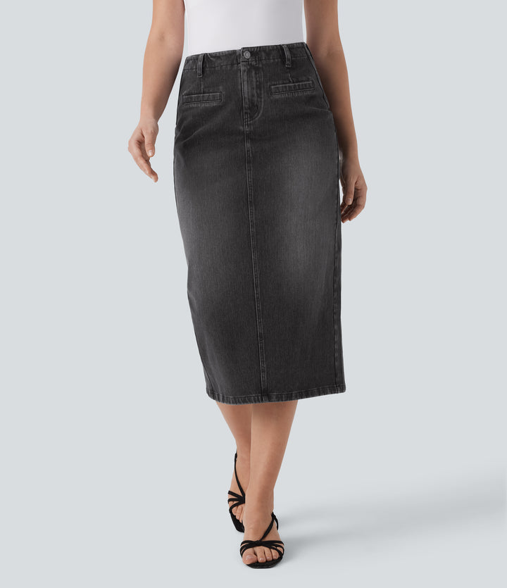 Mid Rise Back Midi Washed Denim Casual Straight Skirt with Pockets — Phantom Denim — view 1