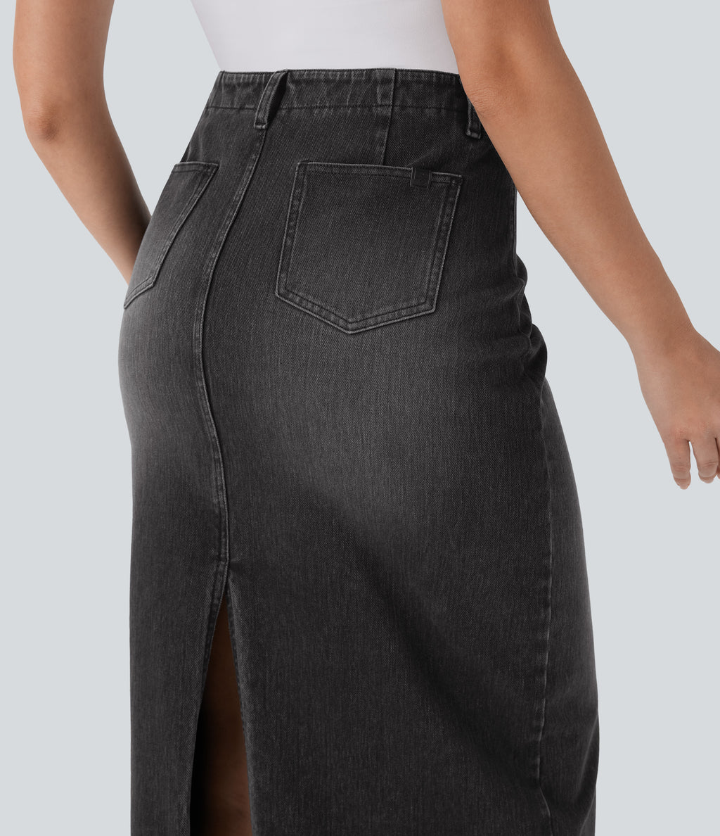 Mid Rise Back Midi Washed Denim Casual Straight Skirt with Pockets — Phantom Denim — view 5