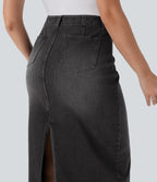 Mid Rise Back Midi Washed Denim Casual Straight Skirt with Pockets — Phantom Denim — view 5