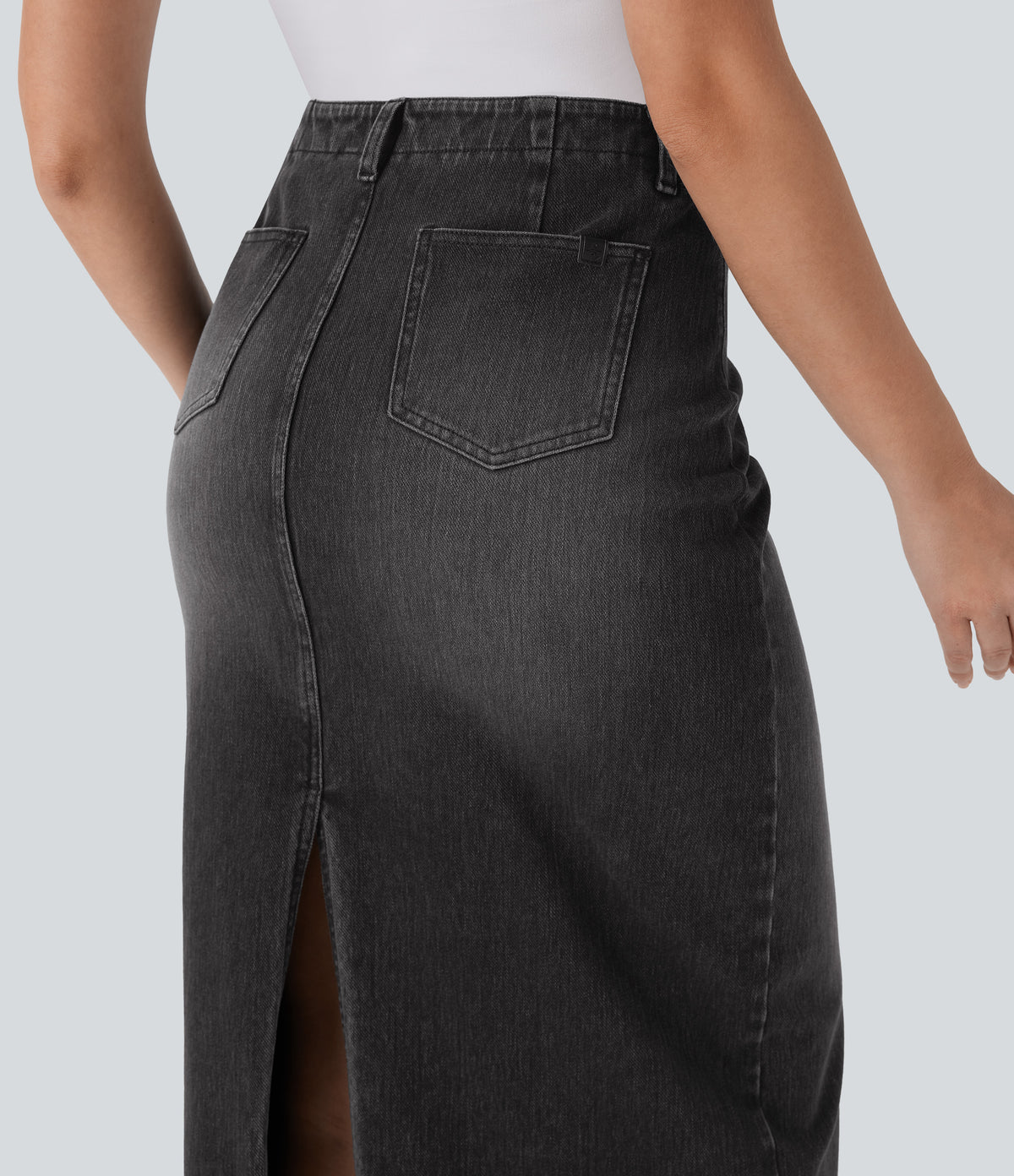 Mid Rise Back Midi Washed Denim Casual Straight Skirt with Pockets — Phantom Denim — view 5