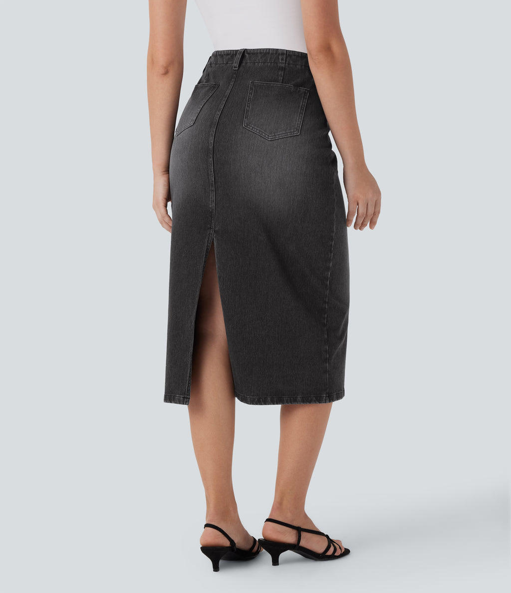 Mid Rise Back Midi Washed Denim Casual Straight Skirt with Pockets — Phantom Denim — view 2