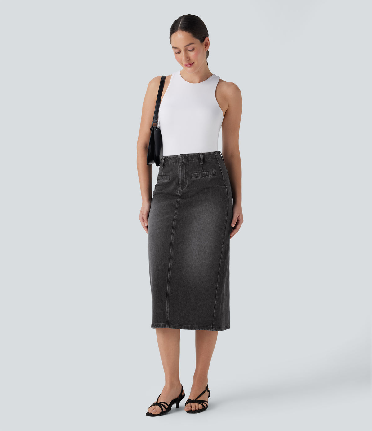 Mid Rise Back Midi Washed Denim Casual Straight Skirt with Pockets — Phantom Denim — view 6