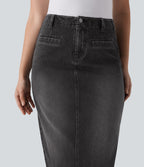 Mid Rise Back Midi Washed Denim Casual Straight Skirt with Pockets — Phantom Denim — view 4