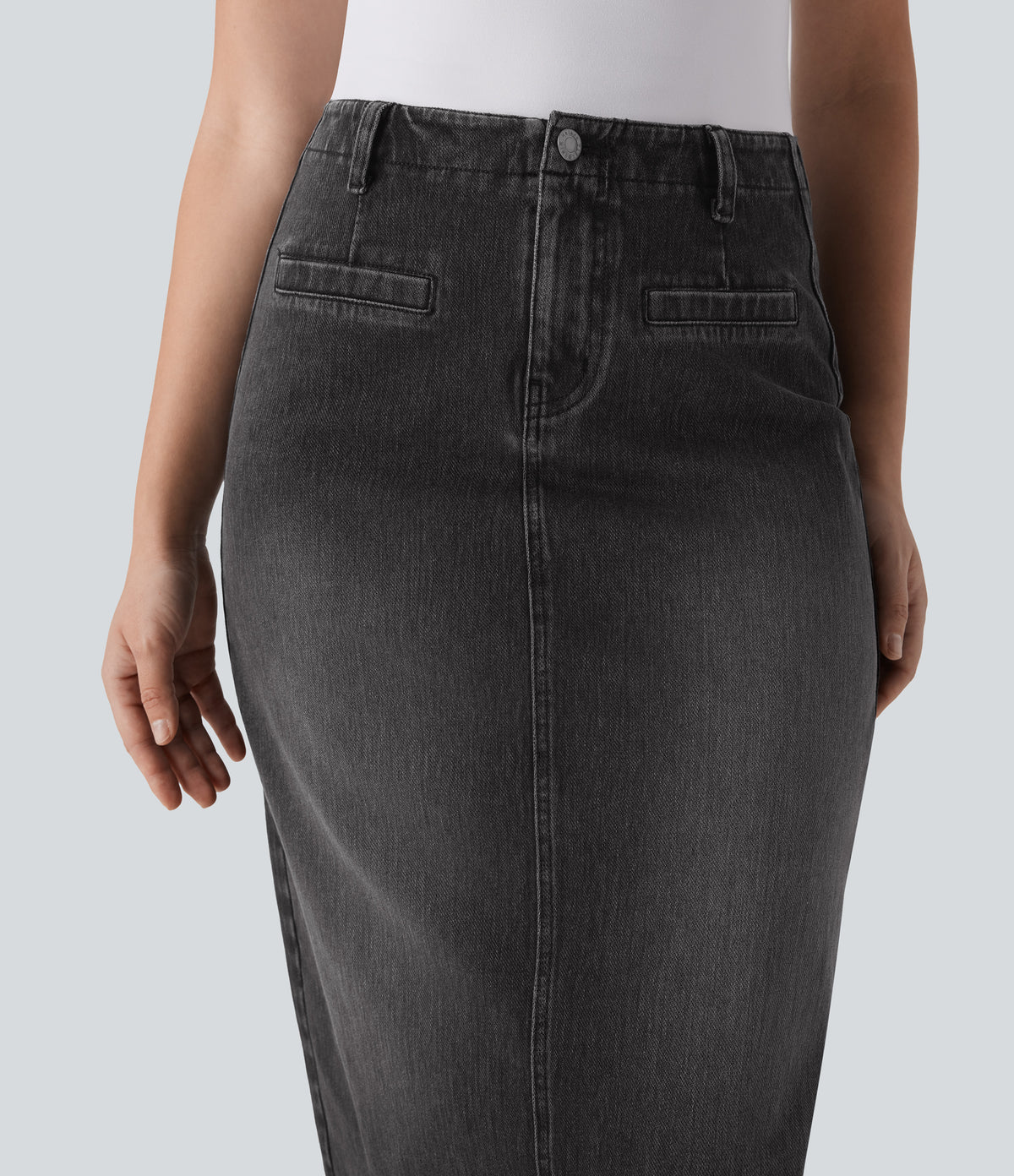 Mid Rise Back Midi Washed Denim Casual Straight Skirt with Pockets — Phantom Denim — view 4