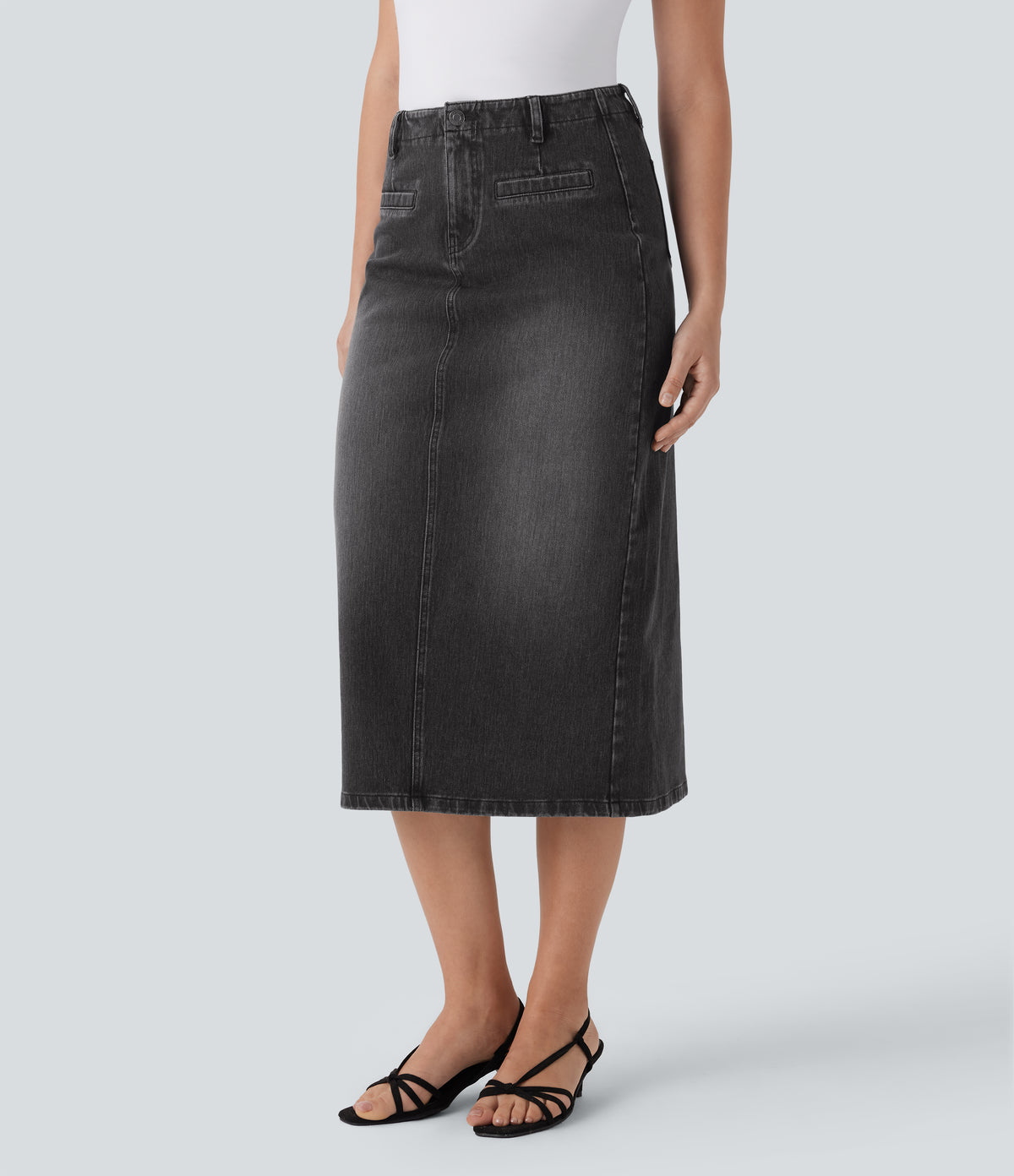 Mid Rise Back Midi Washed Denim Casual Straight Skirt with Pockets — Phantom Denim — view 3
