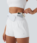 SpeedWave High Waisted Contrast Mesh 2-in-1 Quick Dry Running Shorts with Multiple Pockets — White — view 1