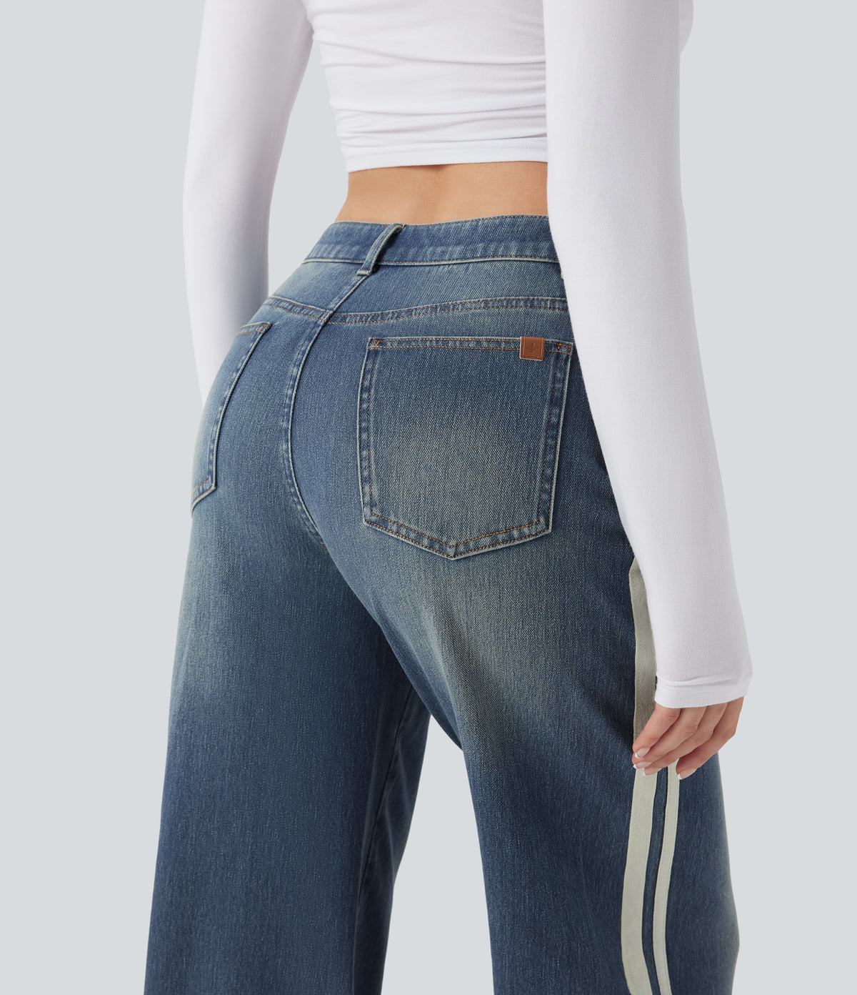 Low Rise Stripe Wide Leg Washed Casual Jeans with Pockets — Blue Surf Denim — view 5