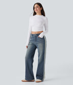 Low Rise Stripe Wide Leg Washed Casual Jeans with Pockets — Blue Surf Denim — view 8