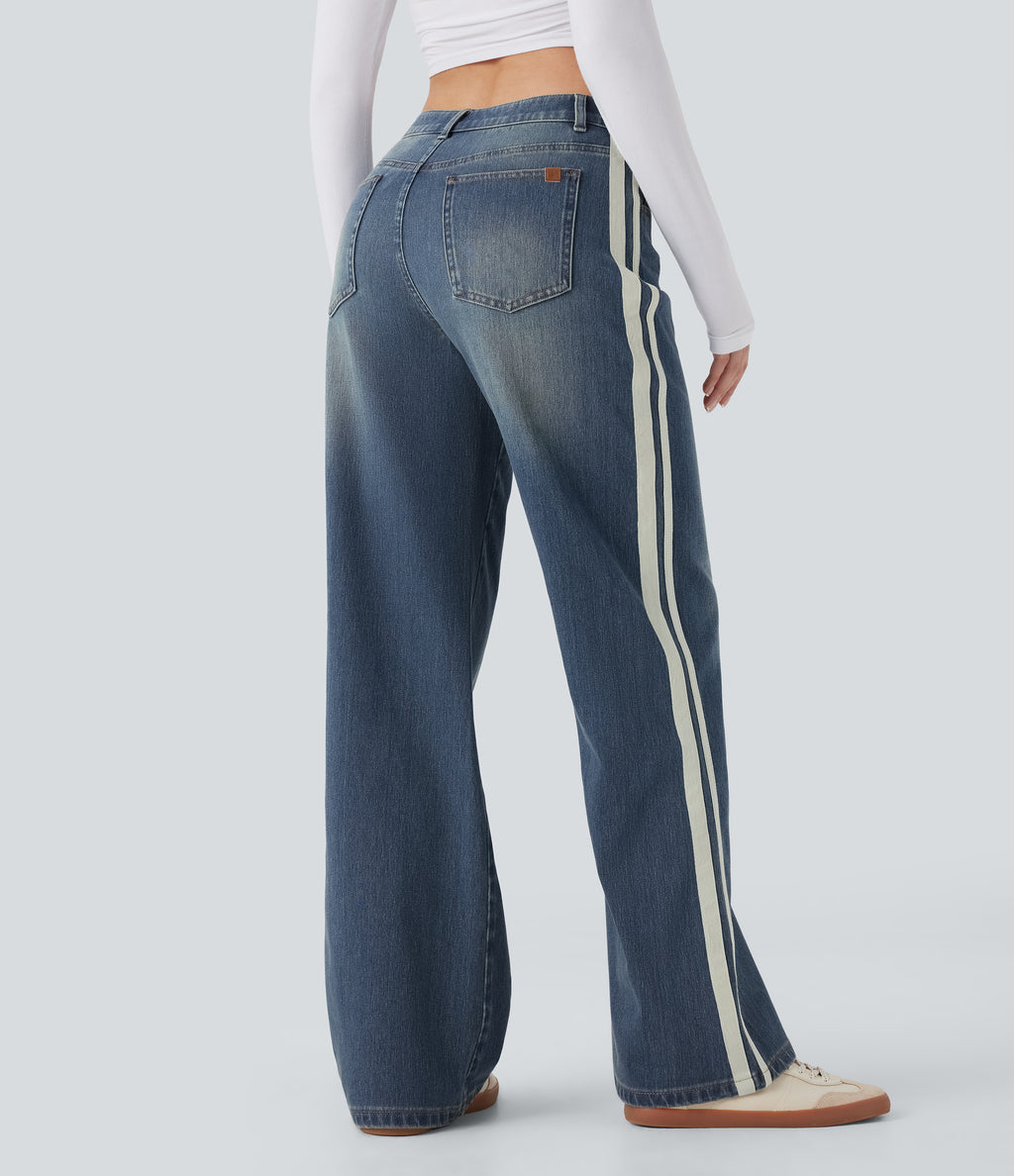 Low Rise Stripe Wide Leg Washed Casual Jeans with Pockets — Blue Surf Denim — view 2
