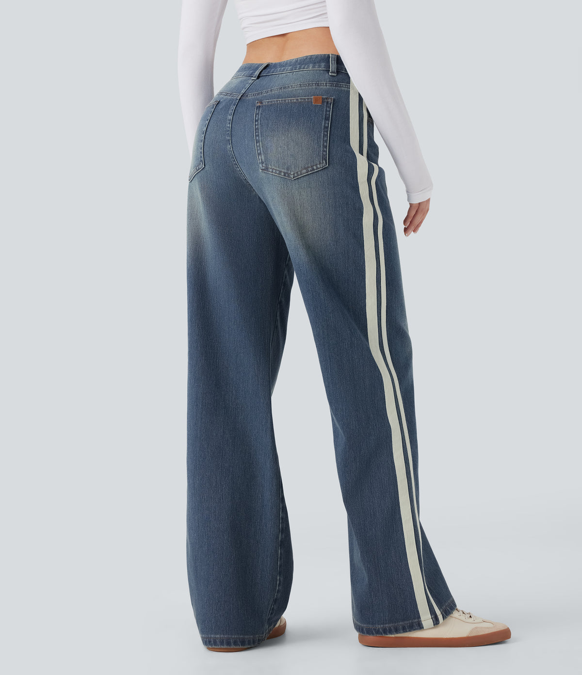 Low Rise Stripe Wide Leg Washed Casual Jeans with Pockets — Blue Surf Denim — view 2