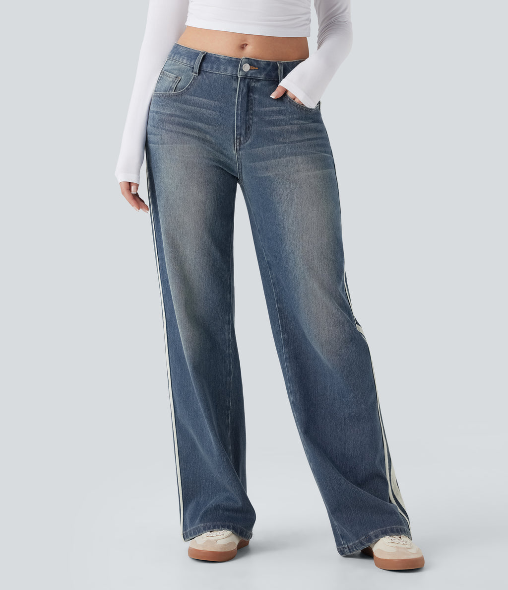 Low Rise Stripe Wide Leg Washed Casual Jeans with Pockets — Blue Surf Denim — view 3