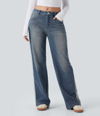 Low Rise Stripe Wide Leg Washed Casual Jeans with Pockets — Blue Surf Denim — view 3