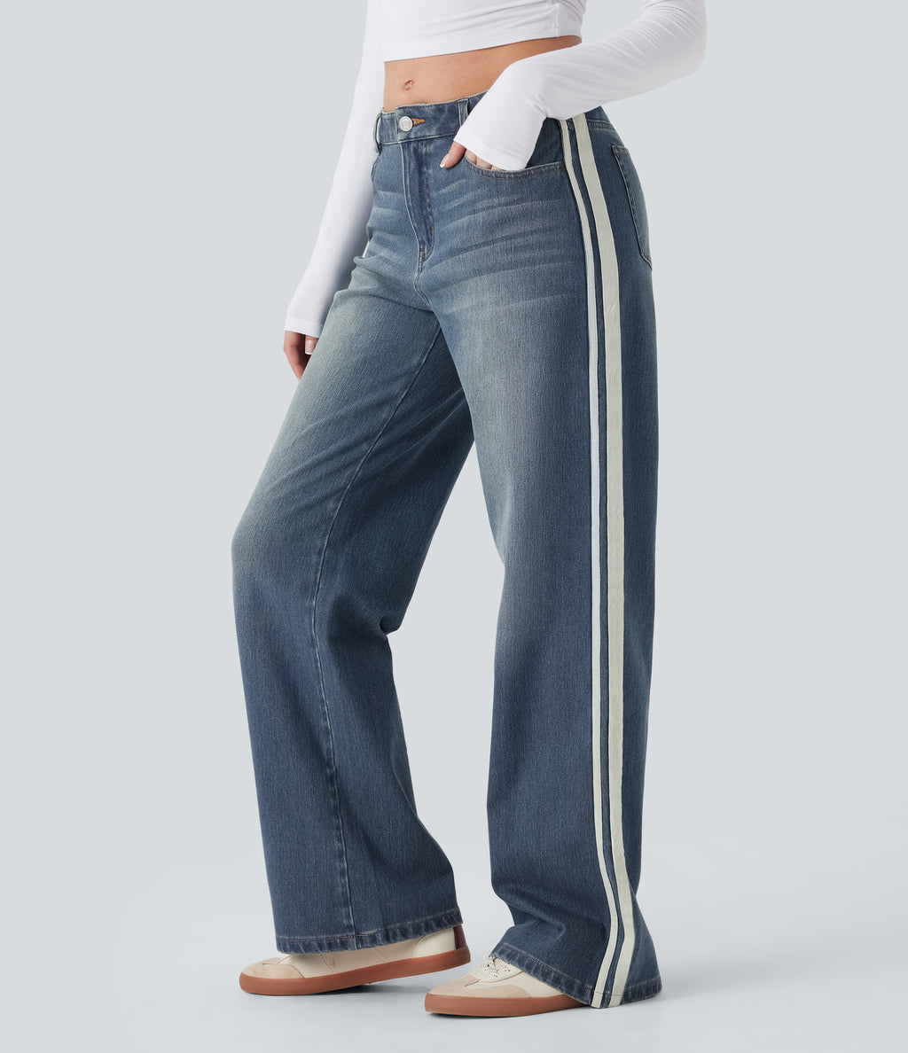 Low Rise Stripe Wide Leg Washed Casual Jeans with Pockets — Blue Surf Denim — view 1