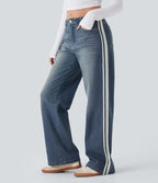 Low Rise Stripe Wide Leg Washed Casual Jeans with Pockets — Blue Surf Denim — view 1