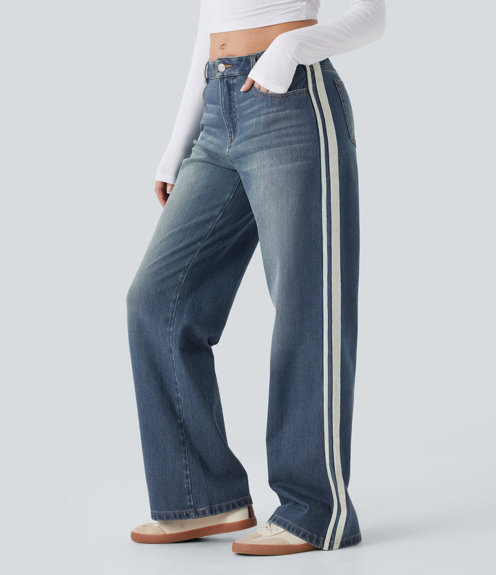 Low Rise Stripe Wide Leg Washed Casual Jeans with Pockets — Blue Surf Denim — view 1