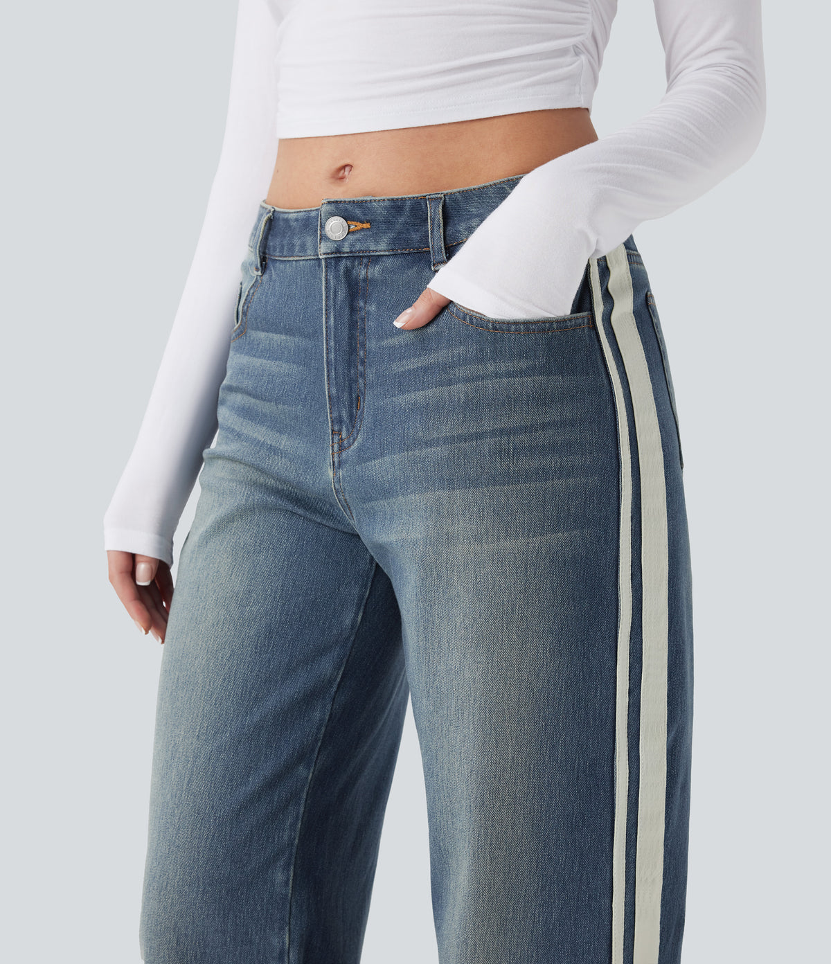 Low Rise Stripe Wide Leg Washed Casual Jeans with Pockets — Blue Surf Denim — view 4