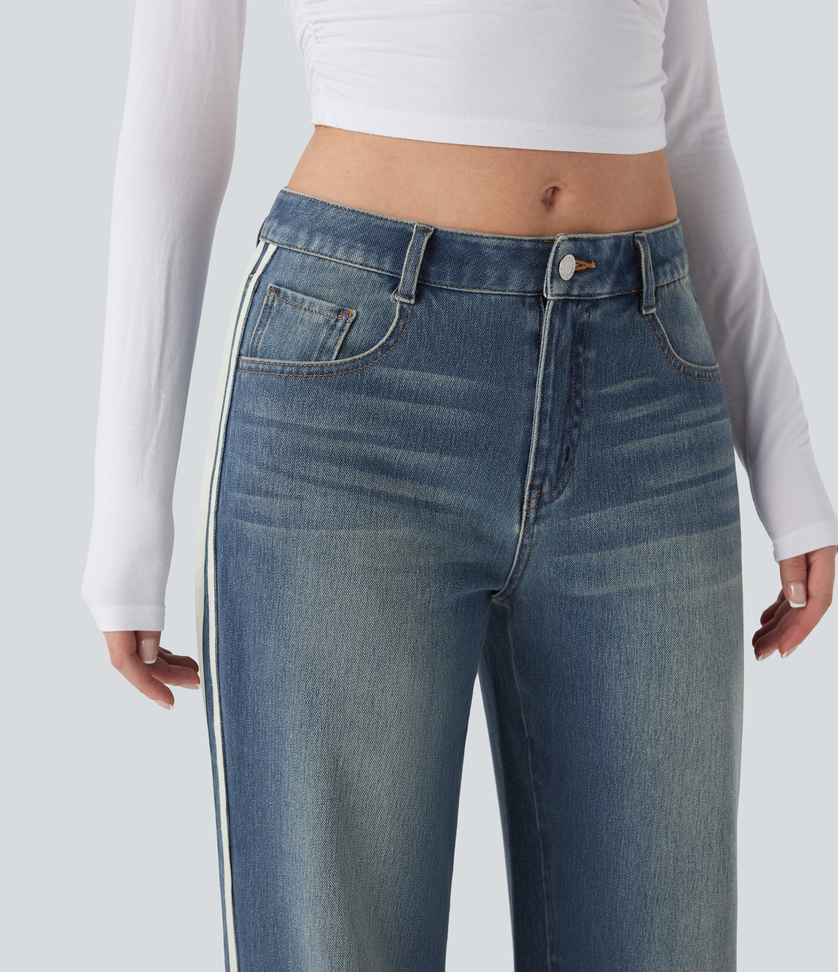Low Rise Stripe Wide Leg Washed Casual Jeans with Pockets — Blue Surf Denim — view 6