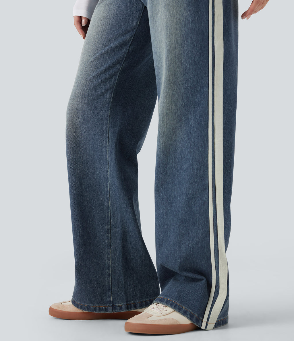Low Rise Stripe Wide Leg Washed Casual Jeans with Pockets — Blue Surf Denim — view 7