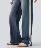 Low Rise Stripe Wide Leg Washed Casual Jeans with Pockets — Blue Surf Denim — view 7