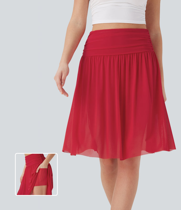 High Waisted Ruched 2-in-1 Contrast Mesh Flowy Midi Casual Skirt with Side Pockets — Ribbon Red — view 1