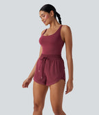 Backless Shirred Drawstring 2-in-1 Running Playsuit with Side Pockets — Cordovan — view 3