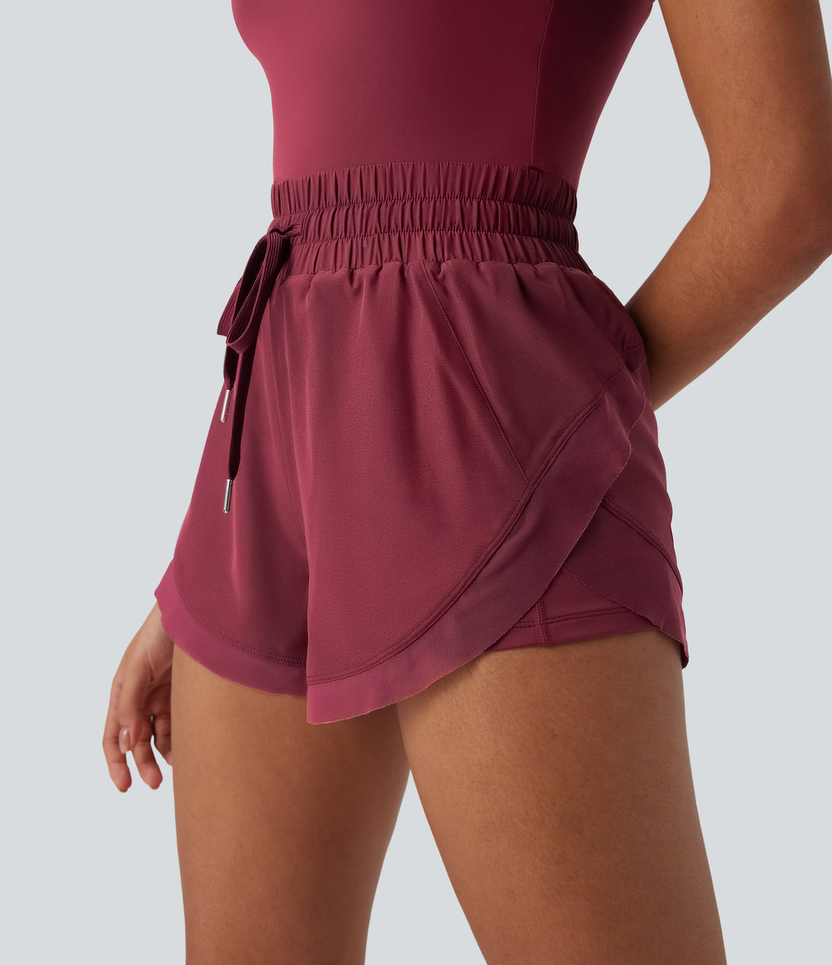 Backless Shirred Drawstring 2-in-1 Running Playsuit with Side Pockets — Cordovan — view 6