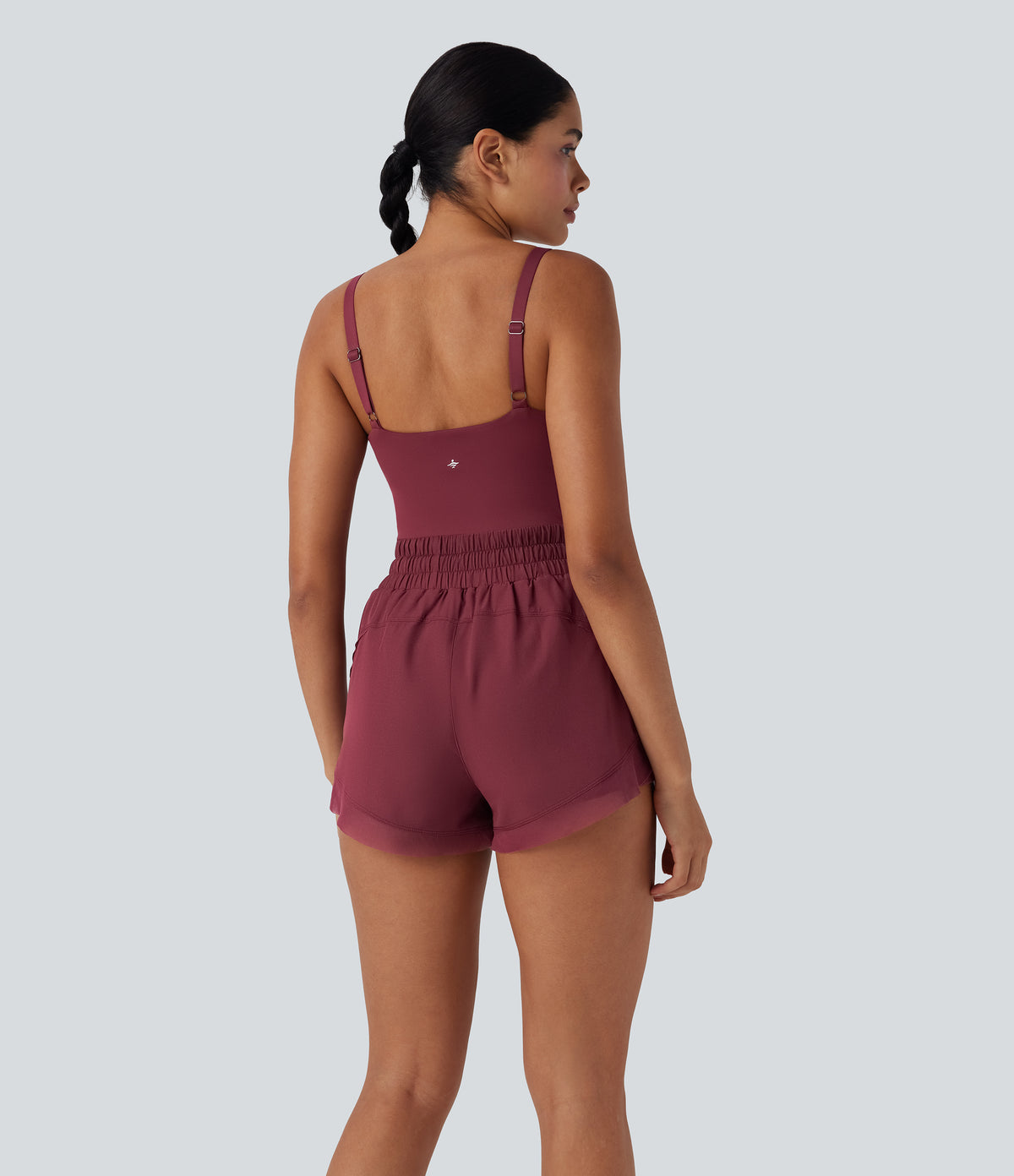 Backless Shirred Drawstring 2-in-1 Running Playsuit with Side Pockets — Cordovan — view 2