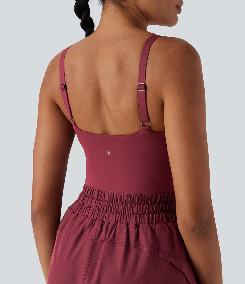 Backless Shirred Drawstring 2-in-1 Running Playsuit with Side Pockets — Cordovan — view 4