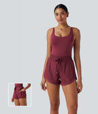 Backless Shirred Drawstring 2-in-1 Running Playsuit with Side Pockets — Cordovan — view 1