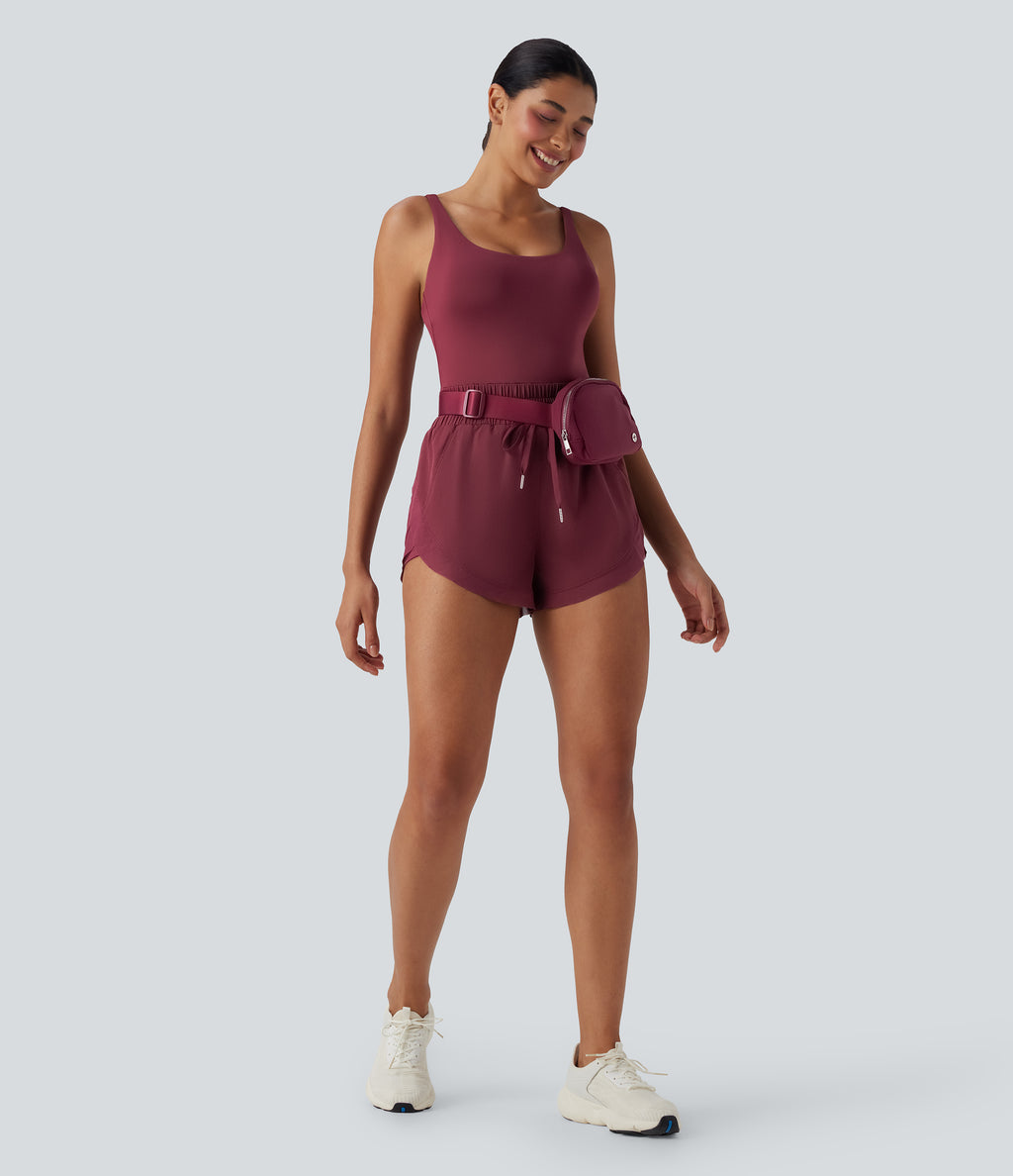 Backless Shirred Drawstring 2-in-1 Running Playsuit with Side Pockets — Cordovan — view 7