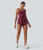 Backless Shirred Drawstring 2-in-1 Running Playsuit with Side Pockets — Cordovan — view 7