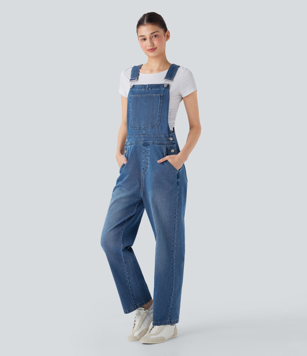 Straight Leg Denim Casual Dungarees with Pockets — Cerulean Blue Denim — view 3