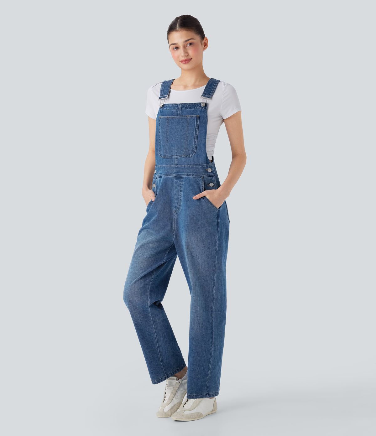 Straight Leg Denim Casual Dungarees with Pockets — Cerulean Blue Denim — view 3