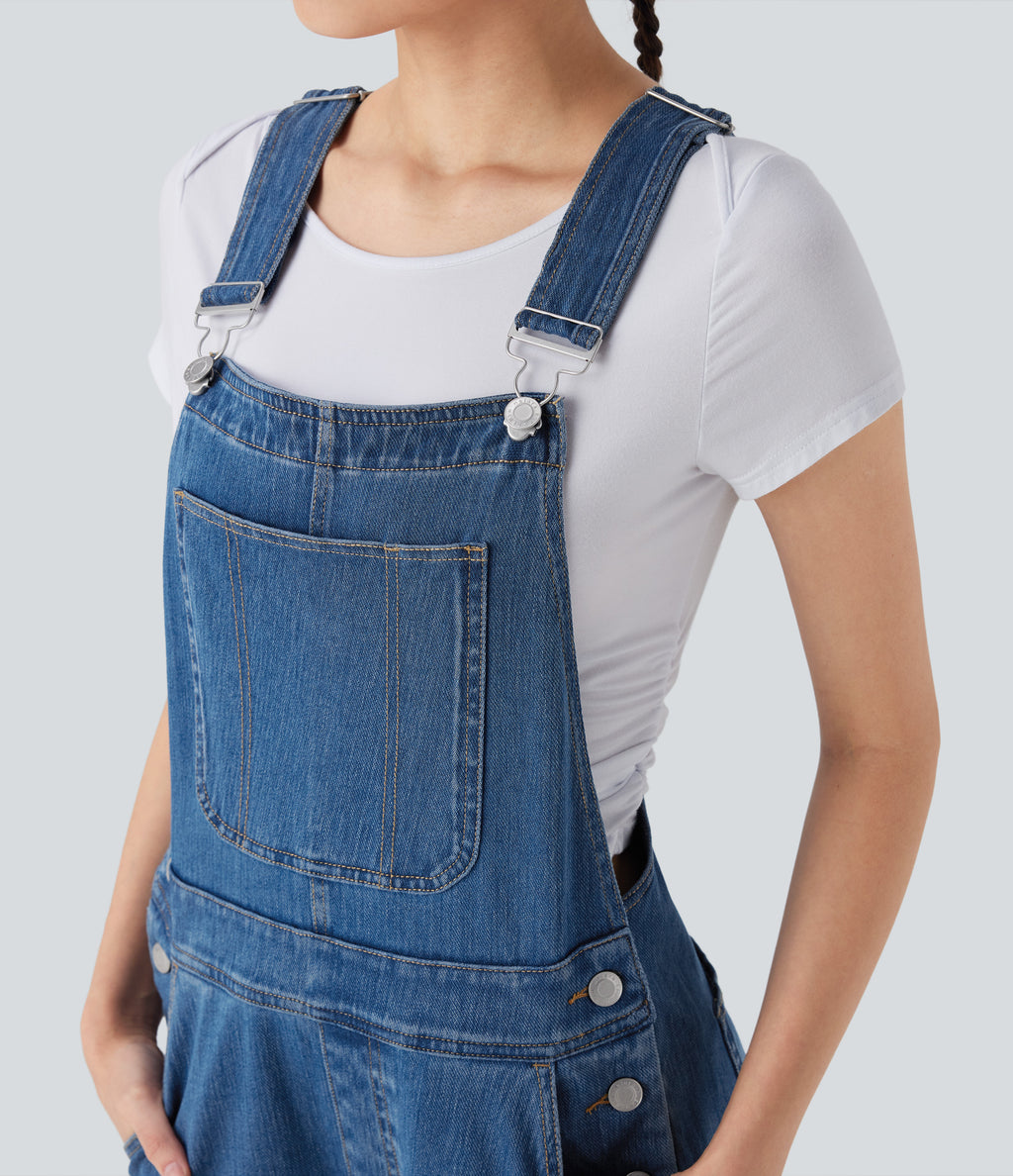 Straight Leg Denim Casual Dungarees with Pockets — Cerulean Blue Denim — view 4