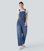 Straight Leg Denim Casual Dungarees with Pockets — Cerulean Blue Denim — view 1