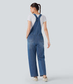 Straight Leg Denim Casual Dungarees with Pockets — Cerulean Blue Denim — view 2