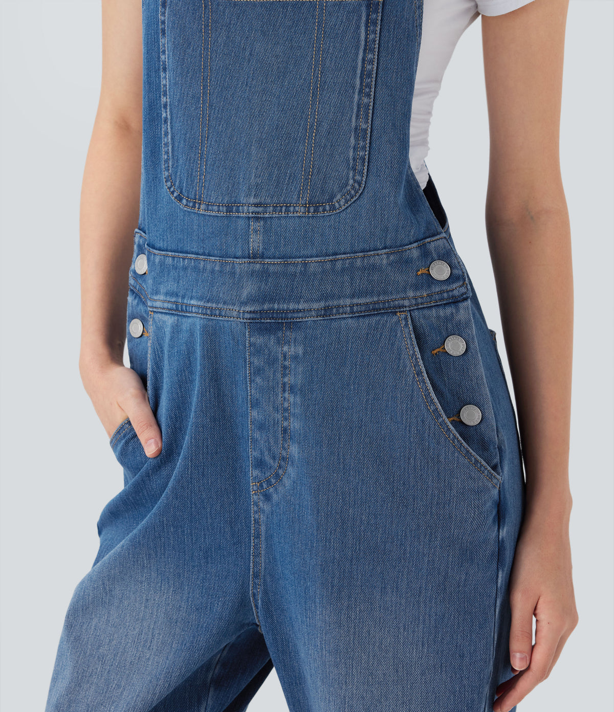 Straight Leg Denim Casual Dungarees with Pockets — Cerulean Blue Denim — view 6