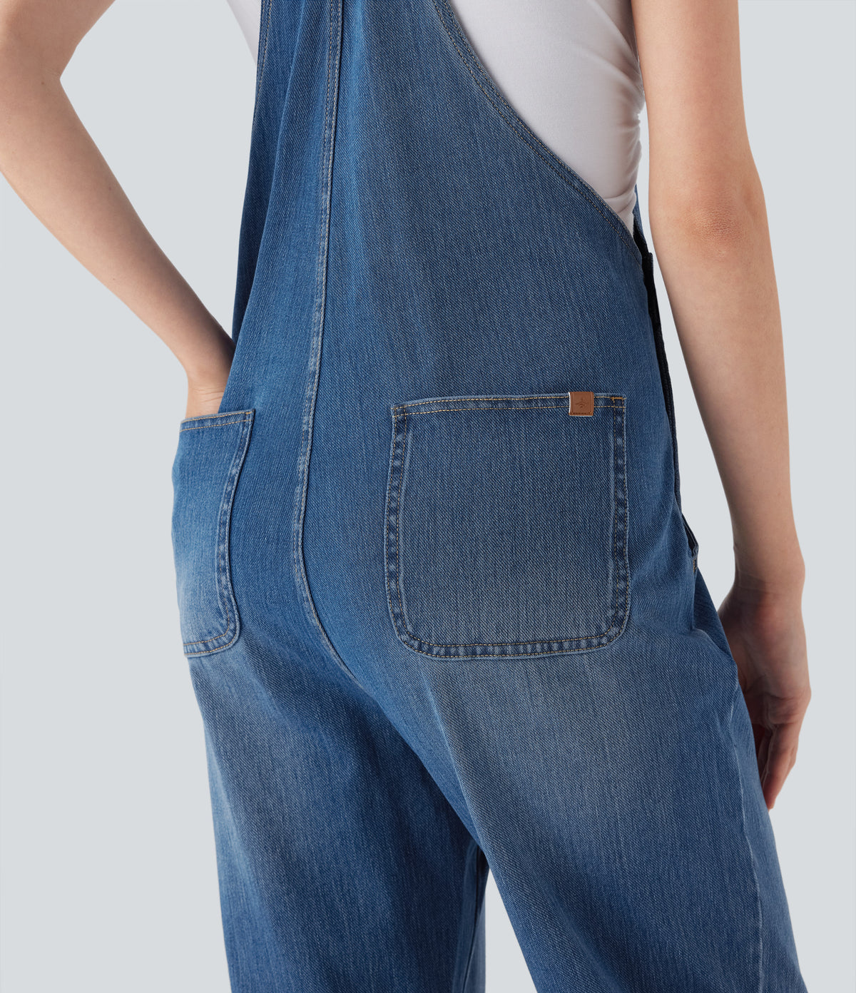 Straight Leg Denim Casual Dungarees with Pockets — Cerulean Blue Denim — view 5