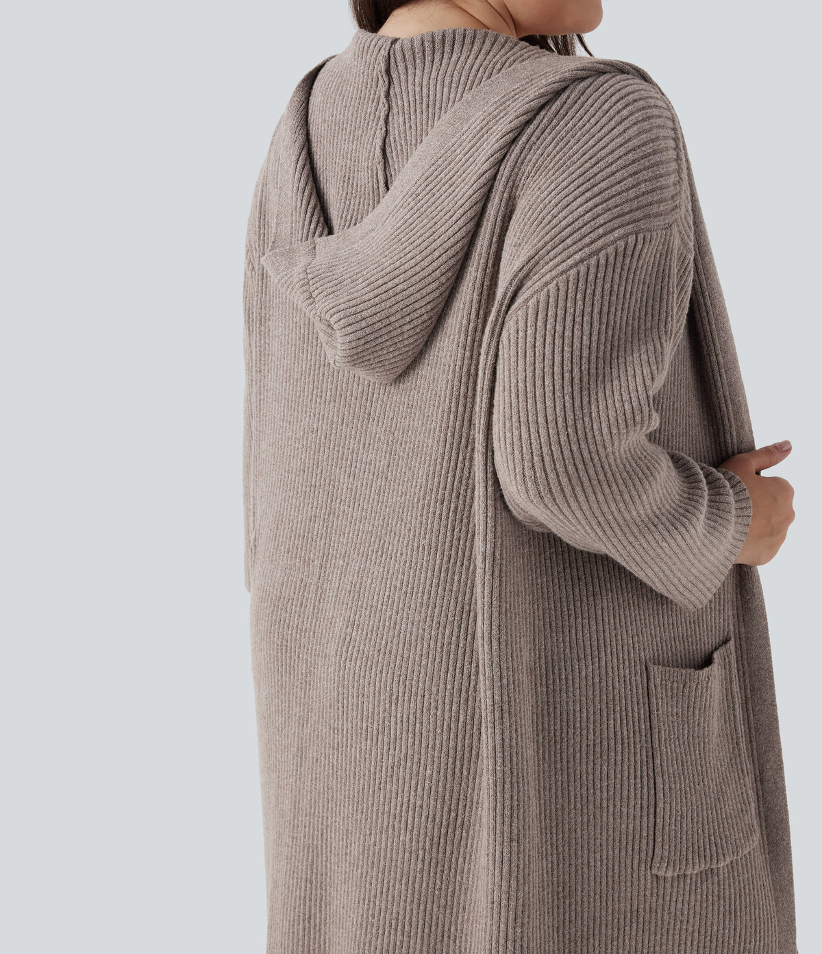 Hooded Long Sleeve Pocket Longline Casual Plus Size Cardigan — Mocha Meringue — view 4