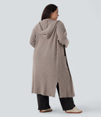 Hooded Long Sleeve Pocket Longline Casual Plus Size Cardigan — Mocha Meringue — view 2
