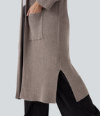 Hooded Long Sleeve Pocket Longline Casual Plus Size Cardigan — Mocha Meringue — view 6