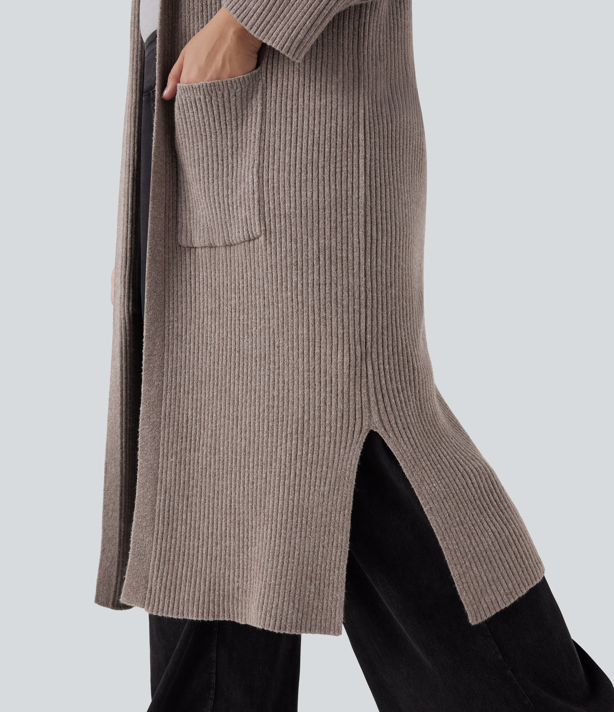 Hooded Long Sleeve Pocket Longline Casual Plus Size Cardigan — Mocha Meringue — view 6