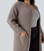 Hooded Long Sleeve Pocket Longline Casual Plus Size Cardigan — Mocha Meringue — view 5
